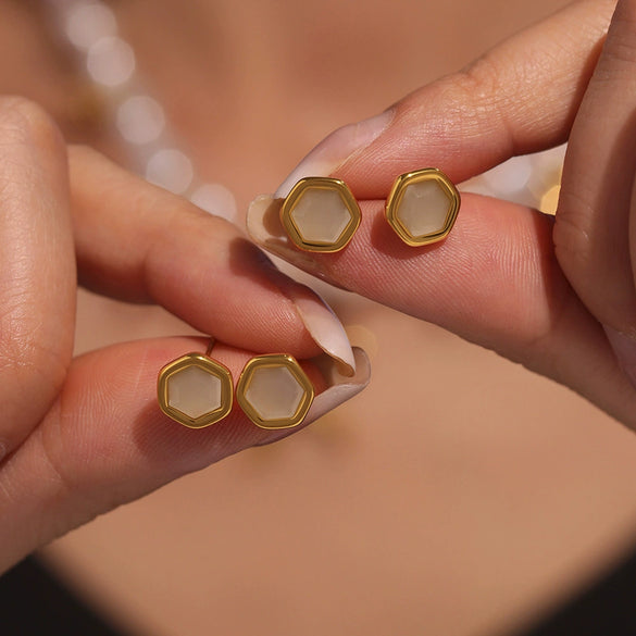 Wholesale French Retro Geometric Ferris Wheel Faceted Hexagonal Opal Stainless Steel Goldplated Women's Earrings