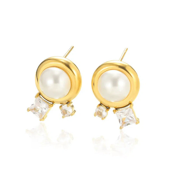 Wholesale French Retro Geometric Imitation Pearl And Stainless Steel Earrings For Women With Electroplating
