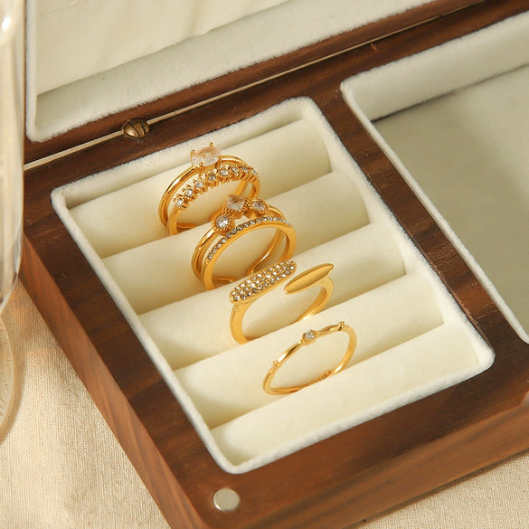Wholesale French Retro Geometric Stainless Steel Electroplated Inlaid Zircon Open Ring For Women