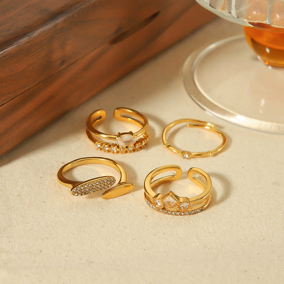Wholesale French Retro Geometric Stainless Steel Electroplated Inlaid Zircon Open Ring For Women