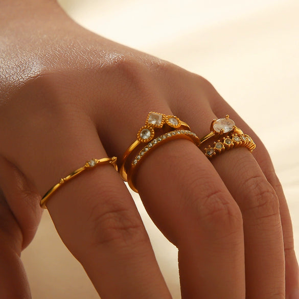 Wholesale French Retro Geometric Stainless Steel Electroplated Inlaid Zircon Open Ring For Women