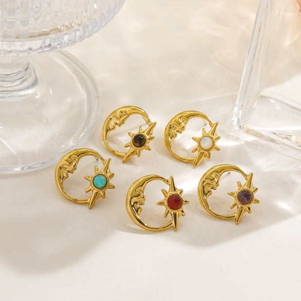 Wholesale French Retro Geometry Natural Stone Inlaid Stainless Steel Earrings