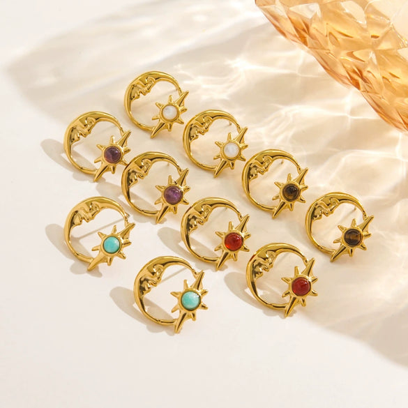 Wholesale French Retro Geometry Natural Stone Inlaid Stainless Steel Earrings
