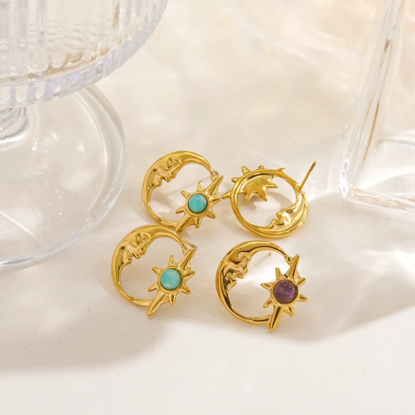 Wholesale French Retro Geometry Natural Stone Inlaid Stainless Steel Earrings