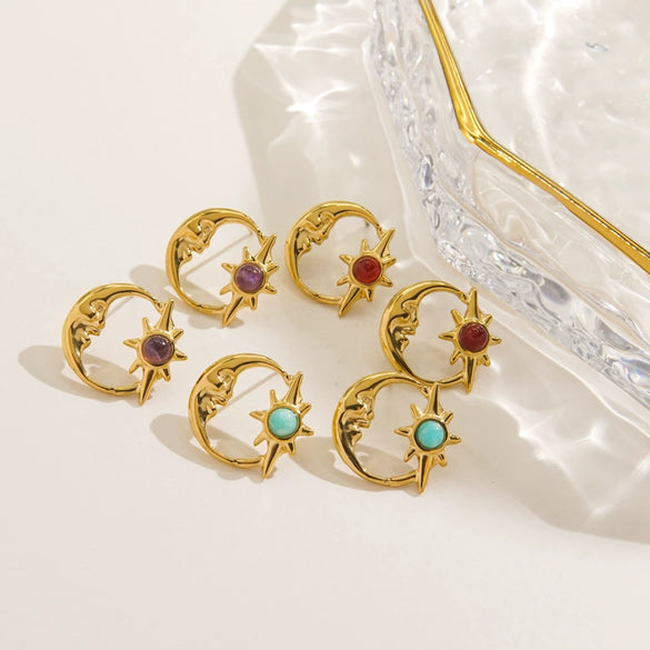 Wholesale French Retro Geometry Natural Stone Inlaid Stainless Steel Earrings