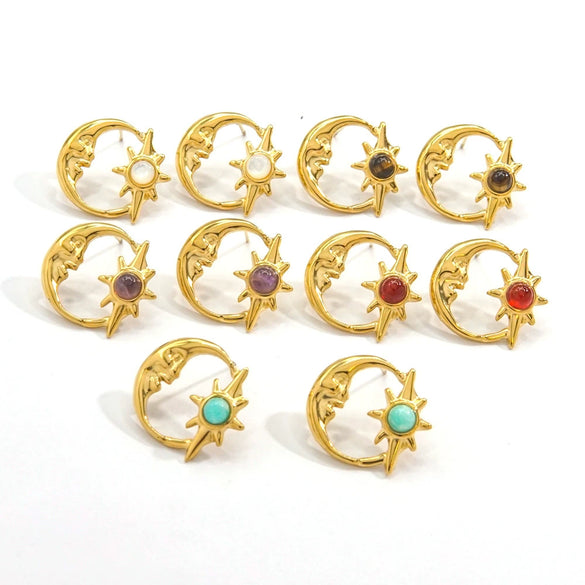 Wholesale French Retro Geometry Natural Stone Inlaid Stainless Steel Earrings