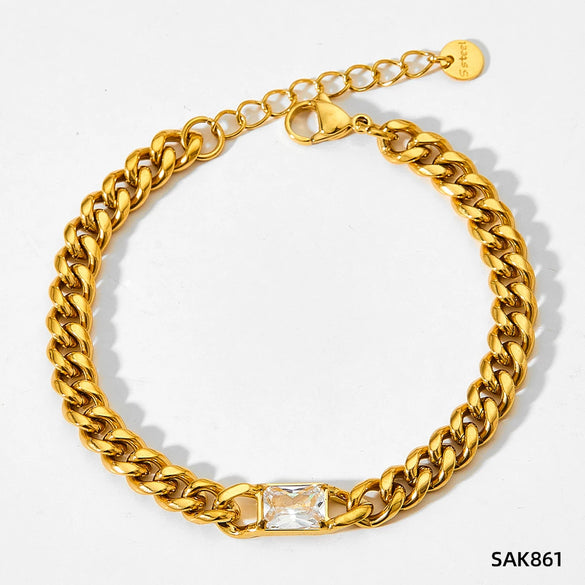Wholesale French Retro Metal Bracelet With Cuban Chain Emerald Zircon Stainless Steel Geometric Styling Electroplating Treatment