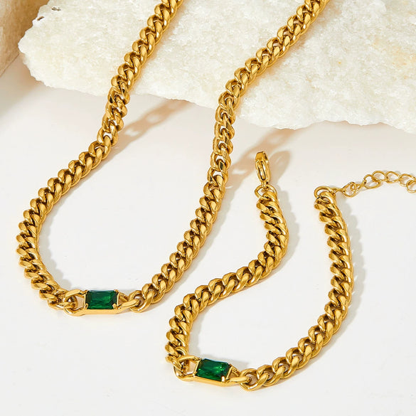 Wholesale French Retro Metal Bracelet With Cuban Chain Emerald Zircon Stainless Steel Geometric Styling Electroplating Treatment