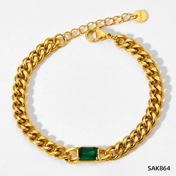 Wholesale French Retro Metal Bracelet With Cuban Chain Emerald Zircon Stainless Steel Geometric Styling Electroplating Treatment
