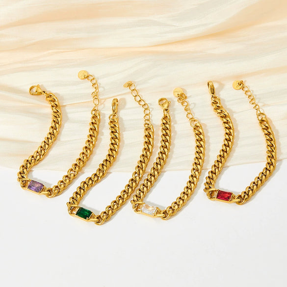 Wholesale French Retro Metal Bracelet With Cuban Chain Emerald Zircon Stainless Steel Geometric Styling Electroplating Treatment
