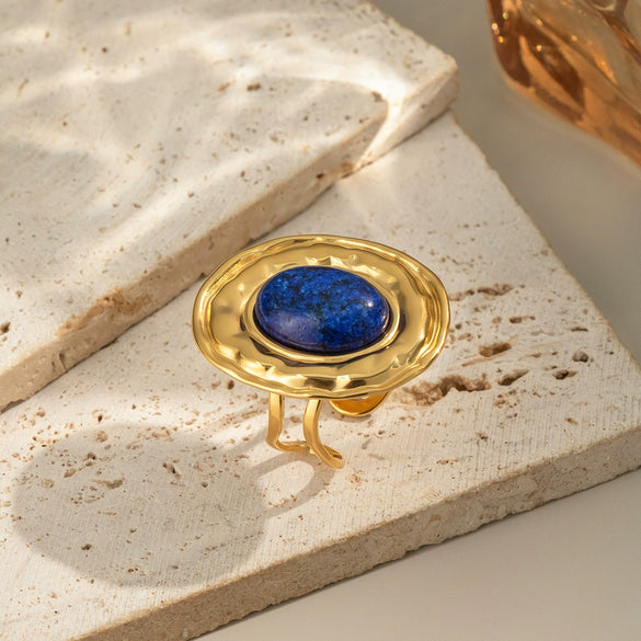 Wholesale French Retro Natural Stone Lapis Lazuli Open Ring For Women Elegant Waterproof Titanium Steel Geometric Shape Electroplating Processing