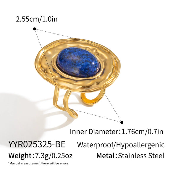 Wholesale French Retro Natural Stone Lapis Lazuli Open Ring For Women Elegant Waterproof Titanium Steel Geometric Shape Electroplating Processing