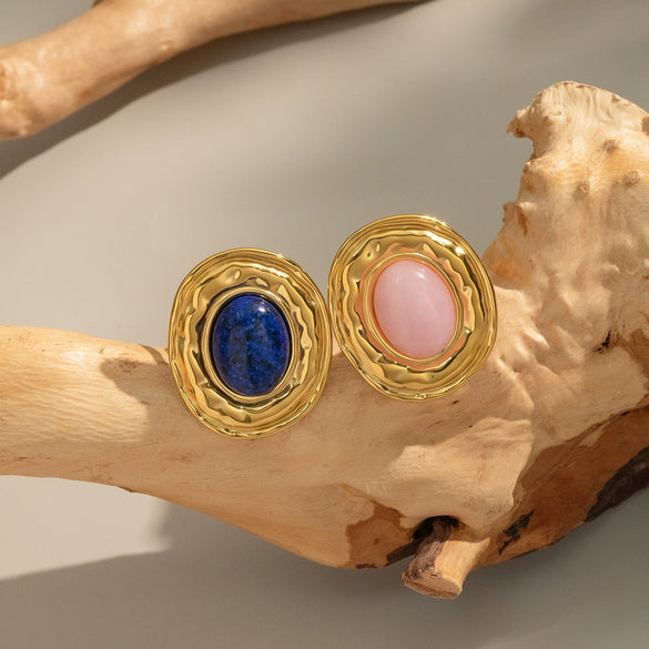 Wholesale French Retro Natural Stone Lapis Lazuli Open Ring For Women Elegant Waterproof Titanium Steel Geometric Shape Electroplating Processing