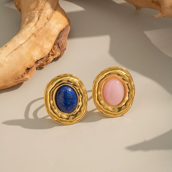 Wholesale French Retro Natural Stone Lapis Lazuli Open Ring For Women Elegant Waterproof Titanium Steel Geometric Shape Electroplating Processing