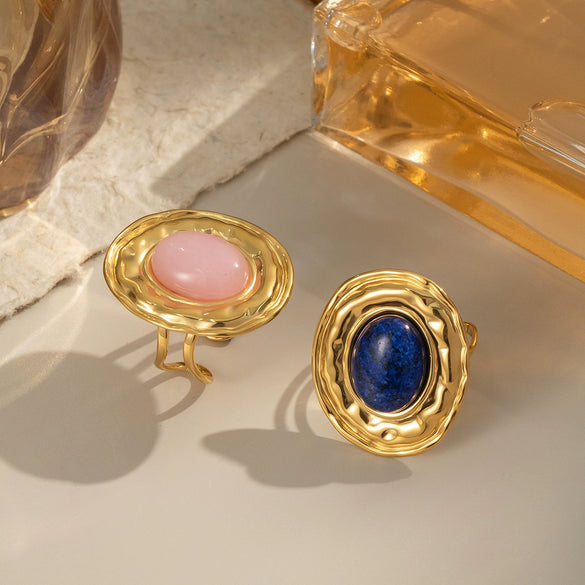 Wholesale French Retro Natural Stone Lapis Lazuli Open Ring For Women Elegant Waterproof Titanium Steel Geometric Shape Electroplating Processing