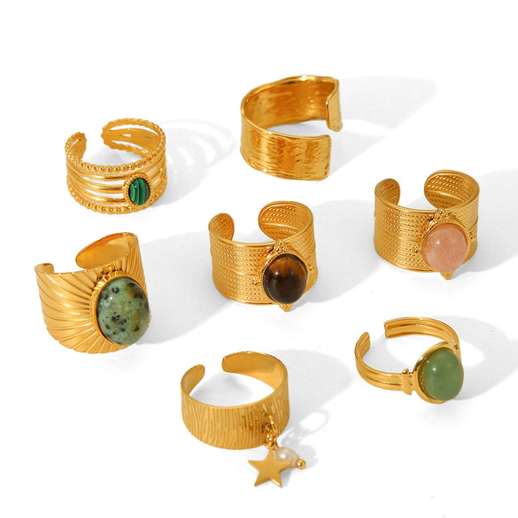 Wholesale French Retro Natural Stone Stainless Steel Open Ring With Geometric Pattern And Electroplating For Women