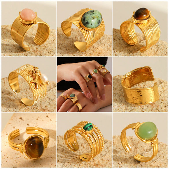 Wholesale French Retro Natural Stone Stainless Steel Open Ring With Geometric Pattern And Electroplating For Women