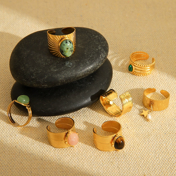 Wholesale French Retro Natural Stone Stainless Steel Open Ring With Geometric Pattern And Electroplating For Women