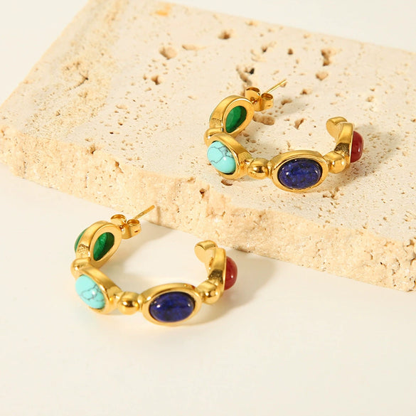 Wholesale French Retro Stainless Steel Cshaped Earrings With Inlaid Natural Stone 18K Goldplated By Vacuum Real Gold Electroplating In Pvd Furnace