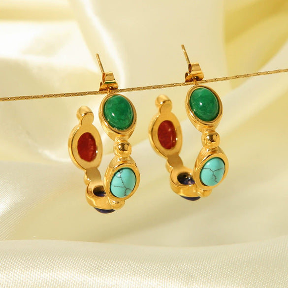 Wholesale French Retro Stainless Steel Cshaped Earrings With Inlaid Natural Stone 18K Goldplated By Vacuum Real Gold Electroplating In Pvd Furnace