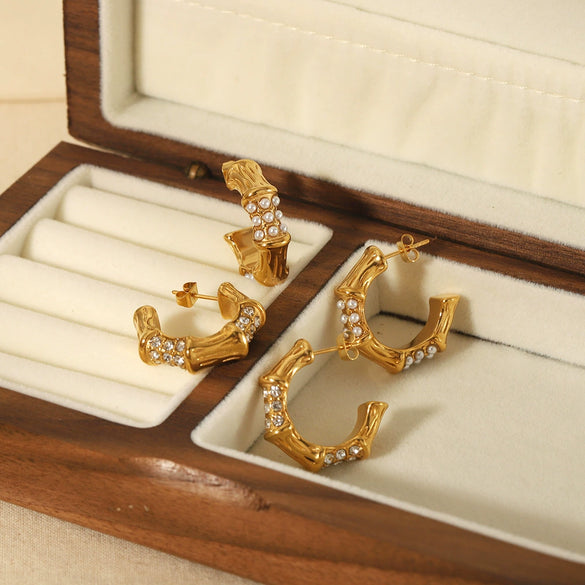 Wholesale French Retro Style Geometric Stainless Steel Cshaped Zircon Earrings With Electroplating