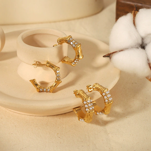 Wholesale French Retro Style Geometric Stainless Steel Cshaped Zircon Earrings With Electroplating
