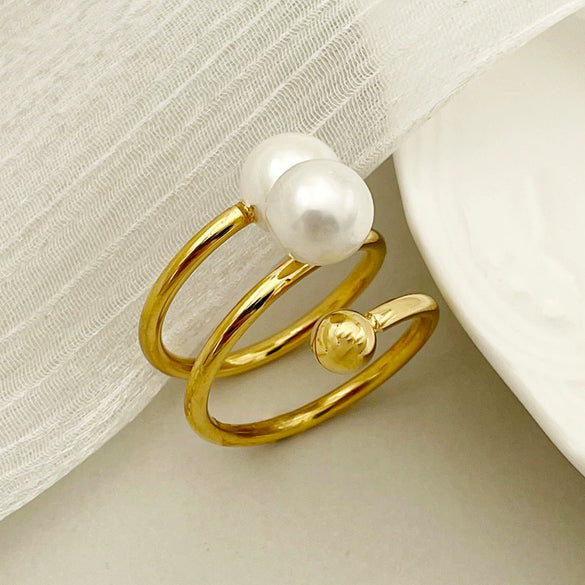 Wholesale French Retro Style Multilayer Freshwater Pearl Gold Bead Ring Stainless Steel Electroplated Handpiece