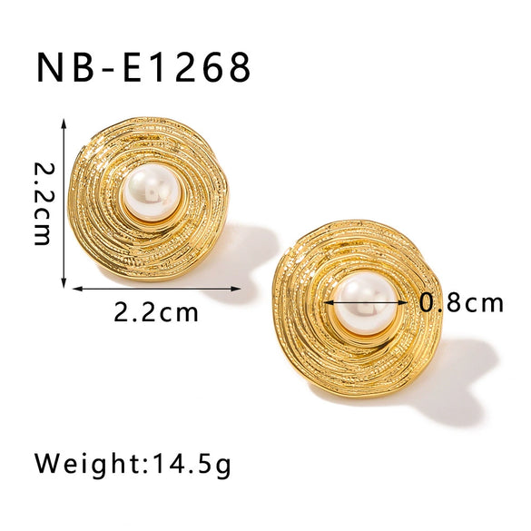 Wholesale French Retro Style Pleated Inlaid Pearl Earrings For Women Titanium Steel With 18K Vacuum Plating In Furnace And Electroplating