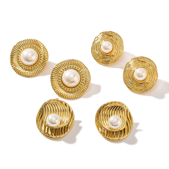 Wholesale French Retro Style Pleated Inlaid Pearl Earrings For Women Titanium Steel With 18K Vacuum Plating In Furnace And Electroplating
