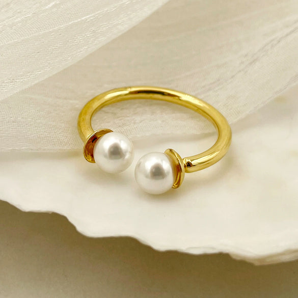 Wholesale French Retro Style Stainless Steel Doubleheaded Ring With Freshwater Pearls For Women