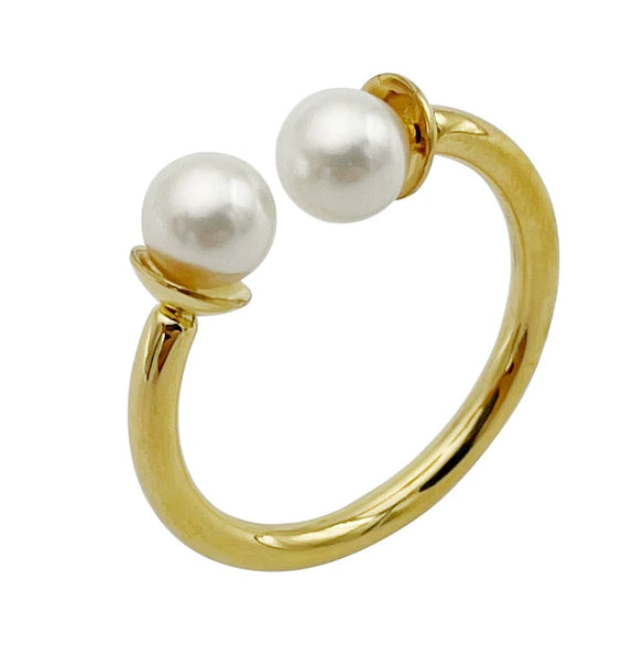 Wholesale French Retro Style Stainless Steel Doubleheaded Ring With Freshwater Pearls For Women