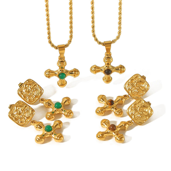 Wholesale French Retro Style Stainless Steel Geometric Cross Pendant Earrings With Natural Stone And Electroplating Treatment For Women