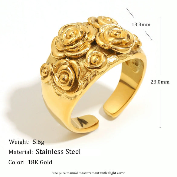 Wholesale French Retro Style Stainless Steel 18K Gold Plated Open Ring With Large And Small Flower Geometric Design Electroplated