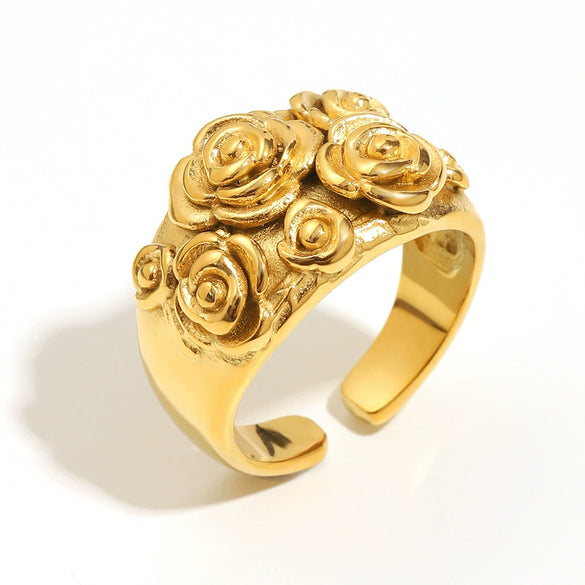 Wholesale French Retro Style Stainless Steel 18K Gold Plated Open Ring With Large And Small Flower Geometric Design Electroplated