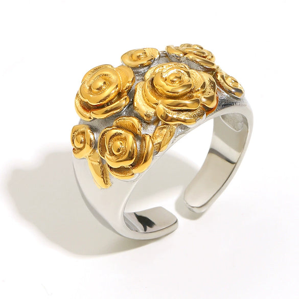 Wholesale French Retro Style Stainless Steel 18K Gold Plated Open Ring With Large And Small Flower Geometric Design Electroplated