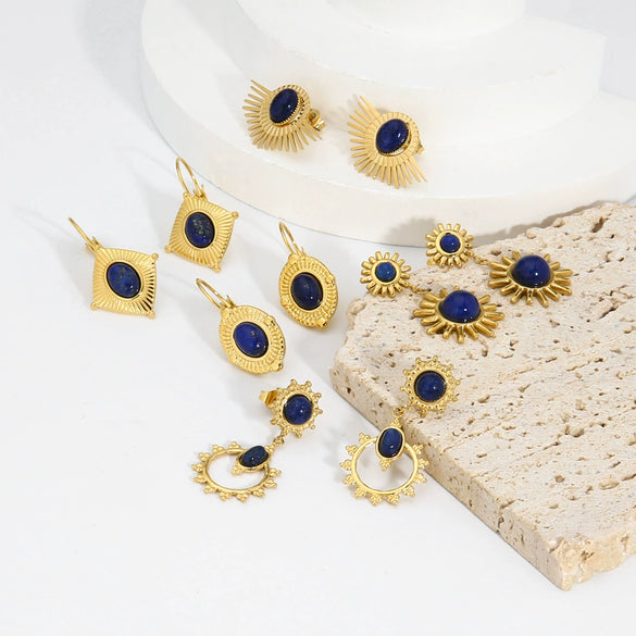 Wholesale French Retro Temperament Women's Earrings Stainless Steel With Mosaic Lapis Lazuli And Geometric Pattern Pvd Furnace Real Gold Process