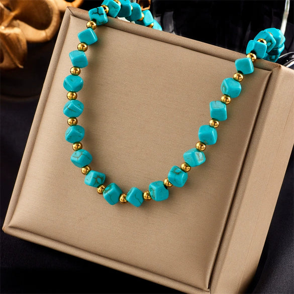 Wholesale French Retro Turquoise Beaded Titanium Steel Necklace For Women With Geometric Pattern And Electroplating