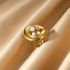 Wholesale French Retro Women's Open Ring Irregular Stainless Steel And Imitation Pearl Geometric Round Hollow Inlaid Electroplated