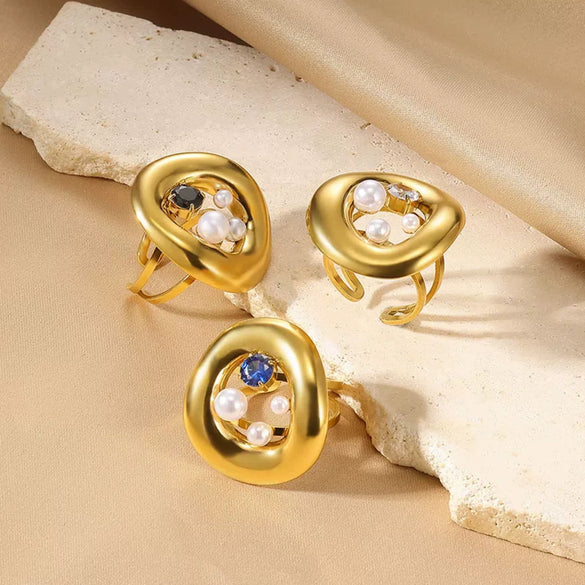 Wholesale French Retro Women's Open Ring Irregular Stainless Steel And Imitation Pearl Geometric Round Hollow Inlaid Electroplated