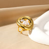 Wholesale French Retro Women's Open Ring Irregular Stainless Steel And Imitation Pearl Geometric Round Hollow Inlaid Electroplated