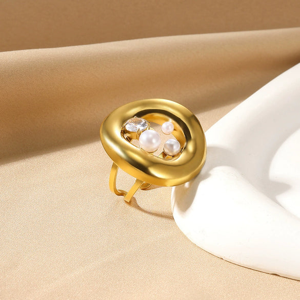 Wholesale French Retro Women's Open Ring Irregular Stainless Steel And Imitation Pearl Geometric Round Hollow Inlaid Electroplated