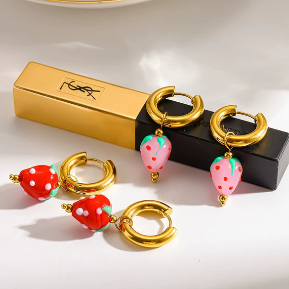 Wholesale Fresh And Minimalist Style Fruit Pattern Stainless Steel Vacuum Real Gold Plated Hoop Earrings With Acrylic Pendant For Women