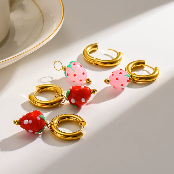 Wholesale Fresh And Minimalist Style Fruit Pattern Stainless Steel Vacuum Real Gold Plated Hoop Earrings With Acrylic Pendant For Women