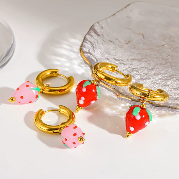 Wholesale Fresh And Minimalist Style Fruit Pattern Stainless Steel Vacuum Real Gold Plated Hoop Earrings With Acrylic Pendant For Women