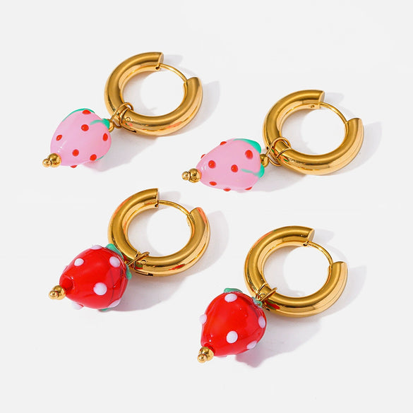 Wholesale Fresh And Minimalist Style Fruit Pattern Stainless Steel Vacuum Real Gold Plated Hoop Earrings With Acrylic Pendant For Women
