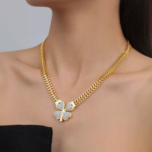 Wholesale Fresh Pastoral Style Creative Titanium Steel Set With Clover Flower Pattern Bracelet Necklace Ear Studs Electroplated
