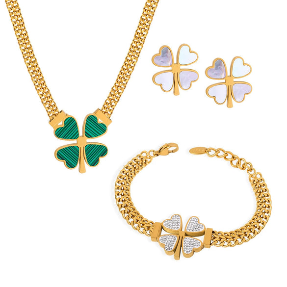 Wholesale Fresh Pastoral Style Creative Titanium Steel Set With Clover Flower Pattern Bracelet Necklace Ear Studs Electroplated