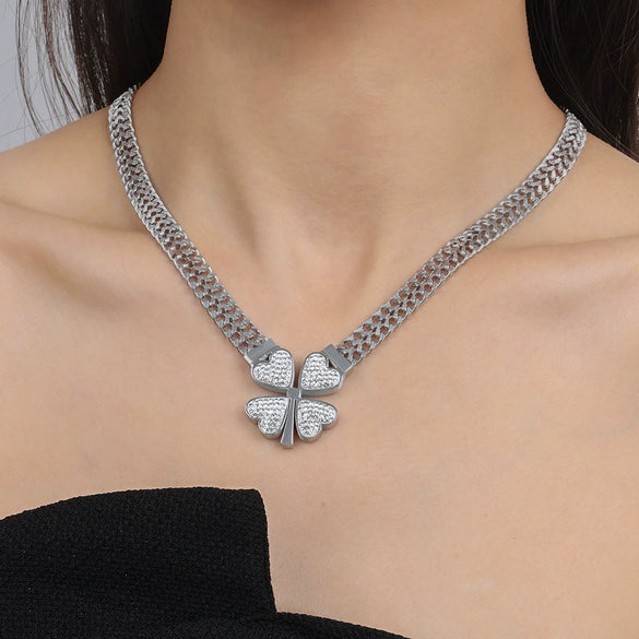 Wholesale Fresh Pastoral Style Creative Titanium Steel Set With Clover Flower Pattern Bracelet Necklace Ear Studs Electroplated