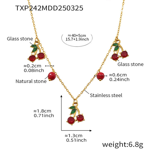 Wholesale Fresh Sweet Red Cherry Fruit Shaped Natural Stone Beaded Necklace And Glass Stone Earrings With Stainless Steel And Zircon Electroplated For Women Light Luxury Style