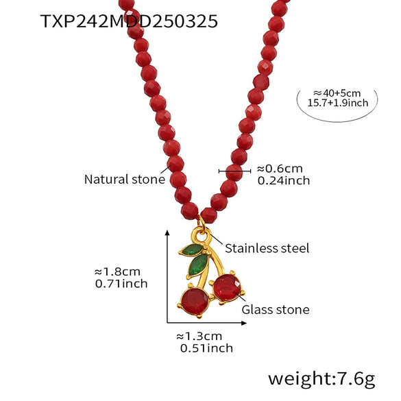 Wholesale Fresh Sweet Red Cherry Fruit Shaped Natural Stone Beaded Necklace And Glass Stone Earrings With Stainless Steel And Zircon Electroplated For Women Light Luxury Style